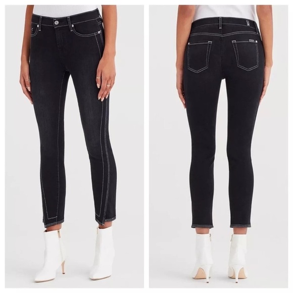 7 for All Mankind 7FAM Black Spliced Hem Black Sateen Ankle Skinny Jean EUC 27 - Picture 3 of 11